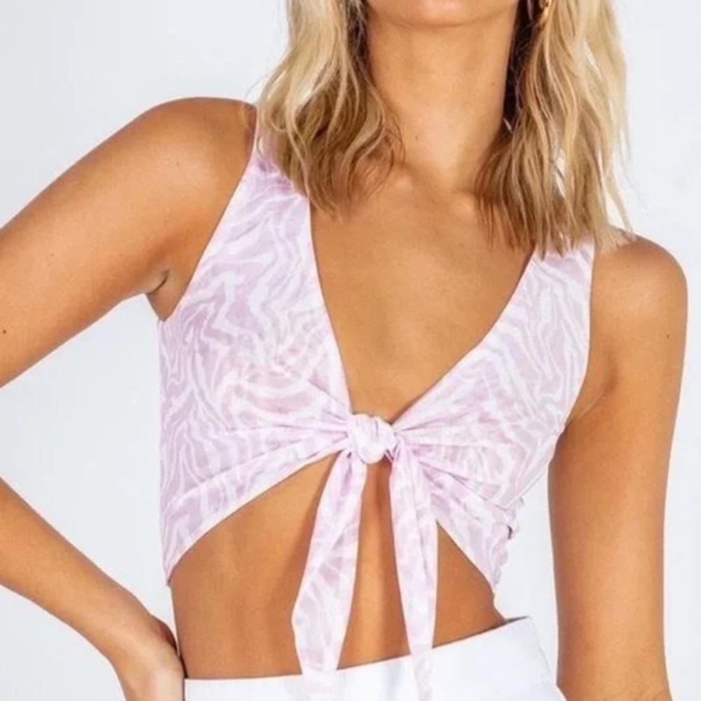 Princess Polly front tie cropped mesh zebra tank in pink and white